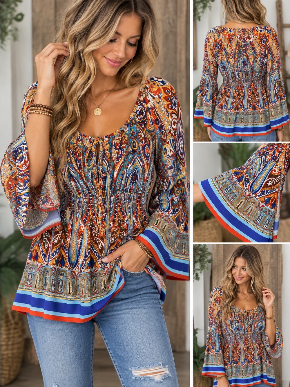 Boston Proper Multicolor Paisley Peasant Top with Blue & Orange Accents